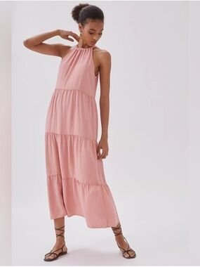 GREEN* Cloth & Stone Anthropologie Tiered Halter Flowy Maxi Dress size Medium